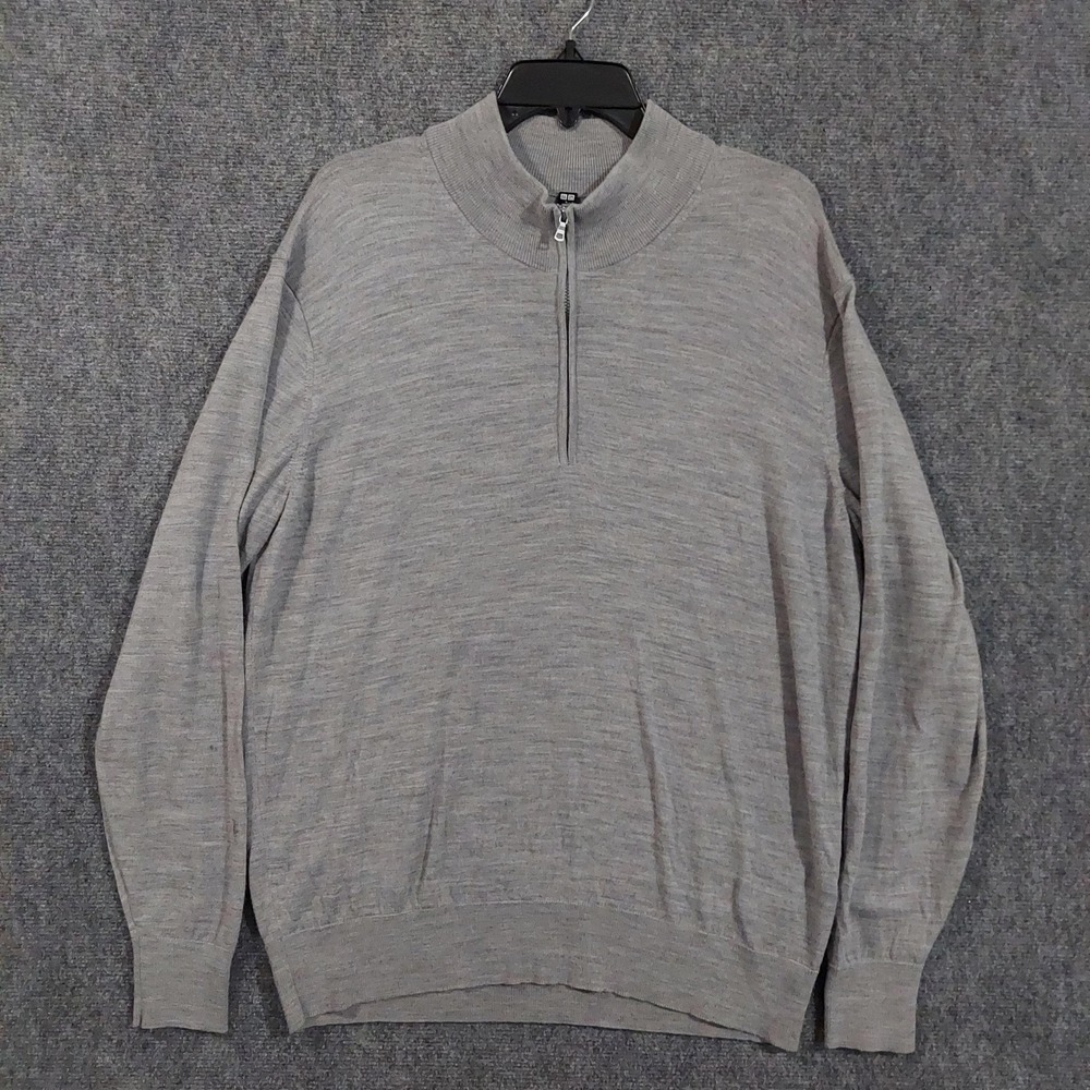 Uniqlo‎ Sweater Mens L Gray Wool Mock Neck 1/4 Zip Pullover Tight-Knit